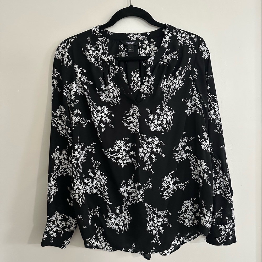 Black long sleeve blouse with v-neck and mandarin collar